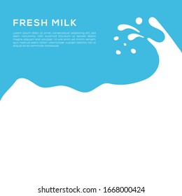 Minimalist poster with fresh milk text and splashes. Vector illustration in flat style with blue and white color. Original concept to promote and advertise milk. Eps 10.