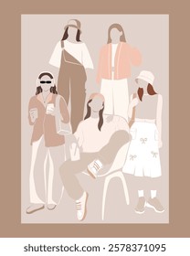 Minimalist poster illustration of stylish women in contemporary streetwear, representing confidence, independence, and modern femininity. Ideal for lifestyle branding, fashion decor, and International