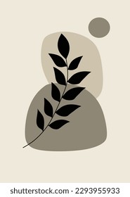 A minimalist poster with a leaf on it and Modern abstract vector illustration with foliage line art