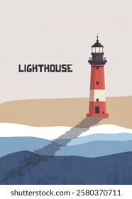 minimalist poster of lighthouse with grunge, vector vintage illustration design