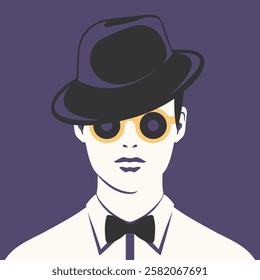 Minimalist poster with man in hat with vinyl record sunglasses. Music concept in retro style. Vector illustration