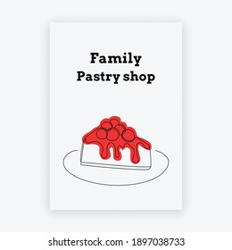 Minimalist poster with one line drawing of cheesecake with cherries. Hand drawn cake for logo, cafe and bakery concept. Vector design