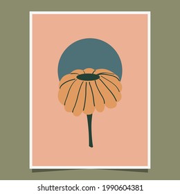 Minimalist Poster With Orange Flower Theme And Green Circle For Bedroom Wall Decoration And Home Living Room