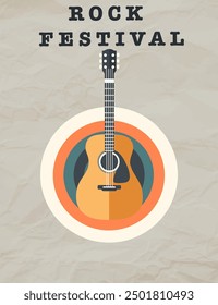 Minimalist poster for a "Rock Festival" featuring an acoustic guitar on a vintage-style background with bold, retro typography. Motivational poster template