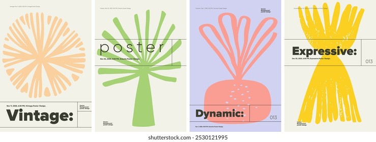 Cartaz minimalista com formas simples em estilo brutalista, adequado para banners, capas de mídia, exposições de arte e cartazes de festivais.