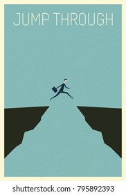Minimalist poster stile.  vector business finance. businessman jumping over chasm vector concept. Symbol of business success, challenge, risk, courage