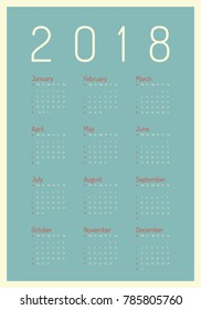 Minimalist poster stile. Vector template of 2018 new year calendar in clean minimal table simple style 