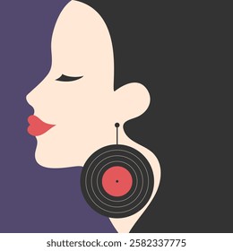 Minimalist poster with woman profile with vinyl record earring. Music concept in retro style. Vector illustration