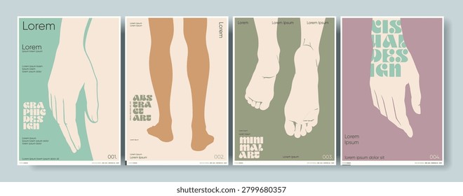 Minimalist posters featuring abstract human forms in pastel colors. Each design highlights different body parts with a focus on simplicity and modern aesthetics.