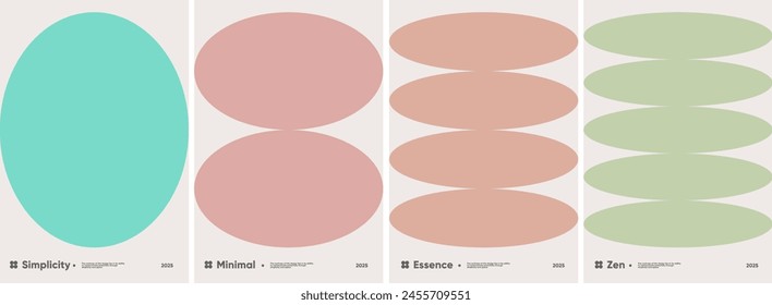 A minimalist posters featuring large, pastel-colored ovals and subtle typographic design, embodying a calming, modern aesthetic .