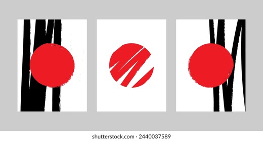Minimalist posters of Japan for printing. Set of Vector Japanese Posters. Japanese Red Sun. Graphic design.