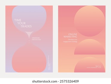 Minimalist posters with pastel gradients. Features text on time, trades, online marketing. Elegant design with soft colors, ideal for business themes. Gradient pastel marketing template vector set.
