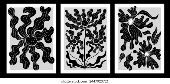Minimalist posters set with abstract art botanical composition. linocut plant and organic elements, herbs print. Vector illustration