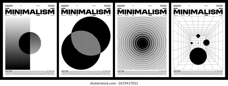 Minimalist posters set. Checkered patterns, wavy water illusion, linear perspective grids, and geometric abstract compositions. Modern vector design