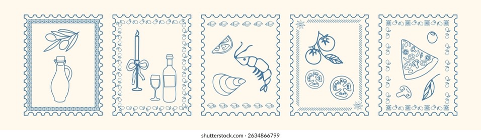 Afiches minimalistas. Vector de tinta dibujado a mano de mariscos, pizza italiana, Elementos de vino y comida. Ilustraciones en marcos de sellos.