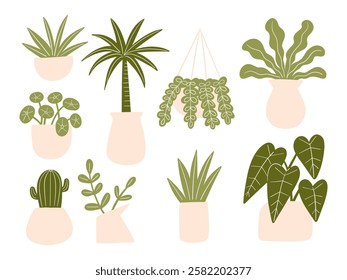 Minimalist Potted Houseplants Illustration. A collection of 9 minimalist potted houseplant illustrations in earthy green tones. Features various indoor plants. Perfect for botanical designs