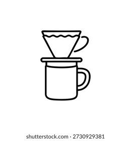 Minimalist pour over coffee maker and mug black and white line art vector icon