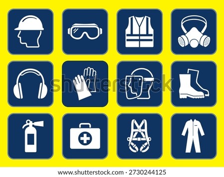 minimalist PPE vector icons. White industrial safety silhouettes on navy blue squares. Includes hard hat, goggles, respirator, vest, gloves, and boots. Clean, professional workplace signage style