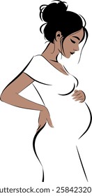 Minimalist pregnant woman in just lines. Illustration of a pregnant woman with one hand on her belly and the other hand supporting her spine