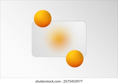 Minimalist presentation background in glass morphism style with transparent glass rectangle with blur effect. Decorated with round yellow balls. General gray background.