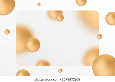 Minimalist presentation background in glass morphism style with transparent glass rectangle with blur effect. Decorated with Gold round balls. 