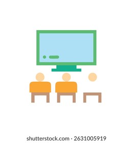 A minimalist presentation setup with three seated figures in front of a screen. Flat graphic style using simple shapes and colors.
