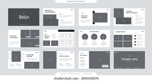 plantillas de presentación minimalistas o folleto corporativo. Uso en volante y folleto, banner de marketing, folleto publicitario, informe anual o deslizador de sitio web. vector de perfil de empresa de color blanco y negro