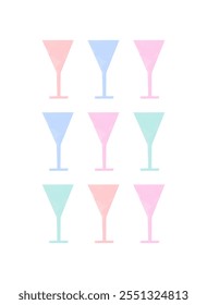 Estampado minimalista con gafas de cóctel de colores. Grabados divertidos con la mano de las bebidas del verano dibujada en un fondo blanco. Arte moderno simple con bebidas alcohólicas. RGB.