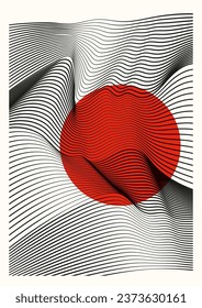 Minimalist print with wavy lines in modern style. Beige background with red sun