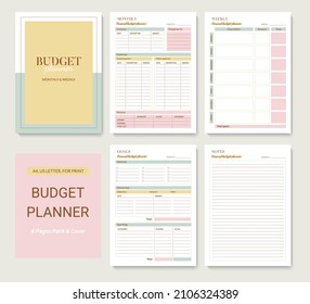 Minimalist printable planner page templates. Monthly, weekly budget planner. Goals, notes for the month. Vector graphic set for budget organization.