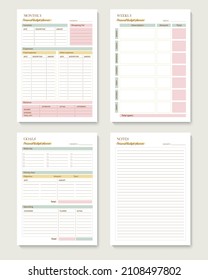 Minimalist printable planner page templates. Monthly, weekly budget planner. Goals, notes for the month. Vector graphic set for budget organization.