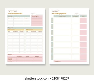 Minimalist printable planner page templates. Monthly, weekly budget planner. Vector graphic set for budget organization.