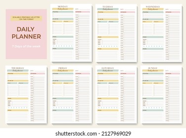 Minimalist printable planner page templates. Daily planner for every day with 12 hour time format. Schedule, tasks, notes for the day. Vector graphic set for daily routine.