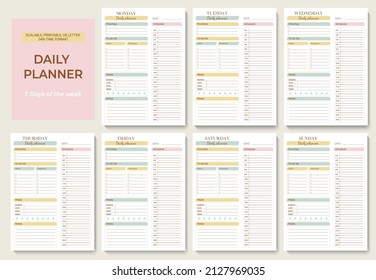 Minimalist Printable Planner Page Templates. Daily Planner For Every Day With 24 Hour Time Format. Schedule, Tasks, Notes For The Day. Vector Graphic Set For Daily Routine.