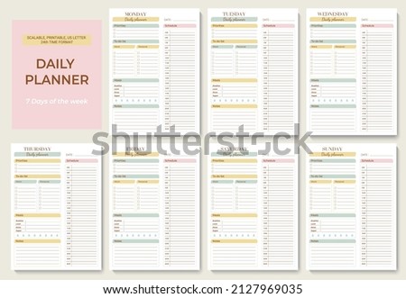 Minimalist printable planner page templates. Daily planner for every day with 24 hour time format. Schedule, tasks, notes for the day. Vector graphic set for daily routine.