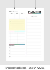 Minimalist Printable vector planner template design, Daily planner for every day, Schedule, tasks, notes for the every day and simple printable to do list, Vector graphic set for daily routine.