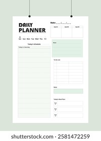 Minimalist Printable vector planner template design, Daily planner for every day, Schedule, tasks, notes for the every day and simple printable to do list, Vector graphic set for daily routine.