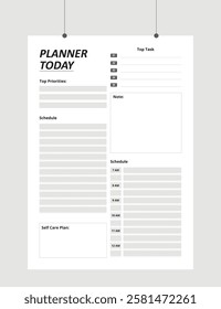 Minimalist Printable vector planner template design, Daily planner for every day, Schedule, tasks, notes for the every day and simple printable to do list, Vector graphic set for daily routine.