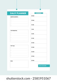 Minimalist Printable vector planner template design, Daily planner for every day, Schedule, tasks, notes for the every day and simple printable to do list, Vector graphic set for daily routine.