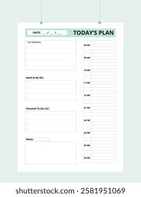 Minimalist Printable vector planner template design, Daily planner for every day, Schedule, tasks, notes for the every day and simple printable to do list, Vector graphic set for daily routine.