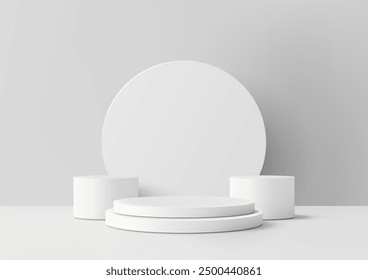 Minimalist product display featuring three white podiums of varying heights with a circular backdrop against a white background. Perfect for modern mockups, showrooms, and showcases