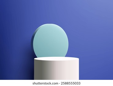 minimalist product display mockup featuring 3D white cylindrical pedestal centered on a royal blue background, highlighted by a light blue circle, modern branding and advertising projects