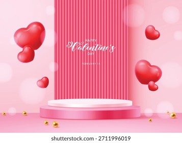 Plantilla minimalista de presentación de productos con un podio rosa con una parte superior blanca, sobre un fondo rosa acanalado. Decorado con corazones rojos flotantes en 3D y texto de Feliz Día de San Valentín.
