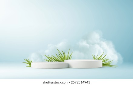Minimalist Product Podium with Green Grass Leaves and Clouds on a Light Blue Background. Vector illustration