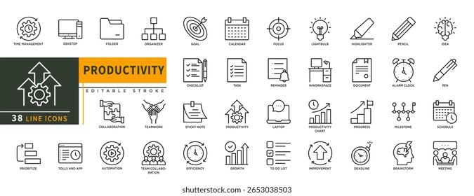 Minimalista linha de produtividade ícones definidos com traçado editável, com gerenciamento de tempo, desktop, pasta, organizador, automação, trabalho em equipe, pasta, meta, foco, tarefa, lembrete.