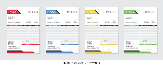 Minimalist professional invoice template design for business, clean and modern vector bill form, cash memo, receipt one page layout, corporate style four color variations for your company growth