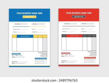 Minimalist professional invoice template design for business, corporate style two color variations for your company growth