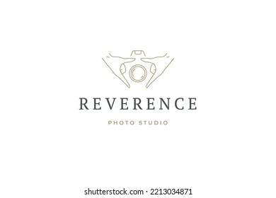 Minimalist professional photographer business card abstract decorative design with human hands camera lens line logo vector illustration. Fashion emblem photo video courses school with place for text