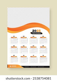 Minimalist professional single page wall calendar template design for 2025 with cover image placeholder and accurate date