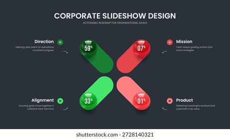 Minimalista Perfil 4 Elemento Gráfico Marco Plantilla. Informe del inversor Diseño de presentación de diapositivas de diagrama de cuatro opciones. Ilustración vectorial de diseño de diapositivas de Cartera visual.